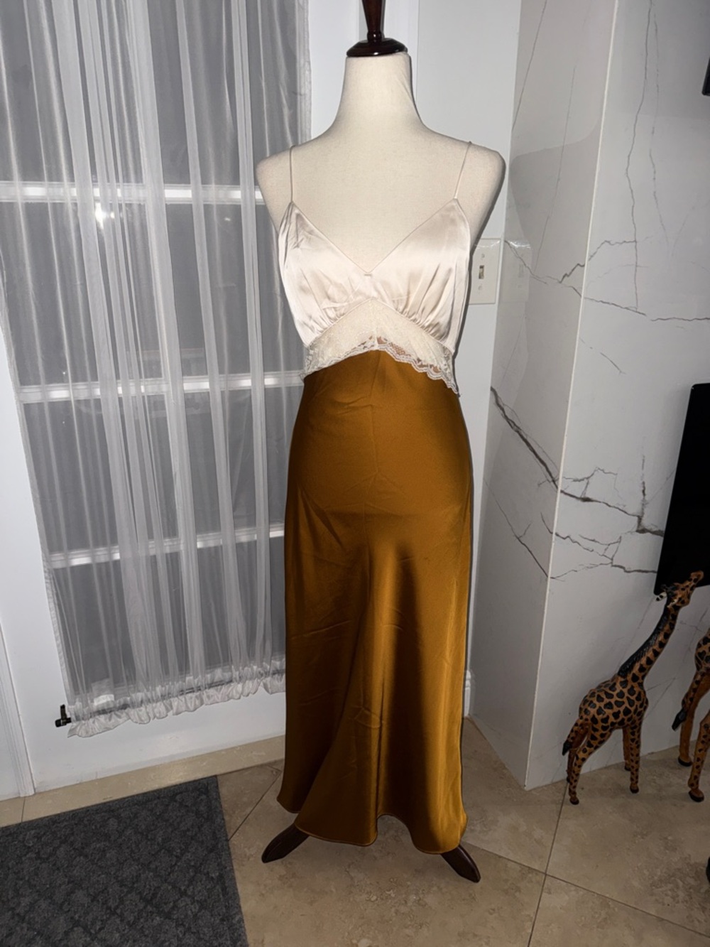 Abercrombie & Fitch Cream and Mustard Brown Maxi Slip Skirt